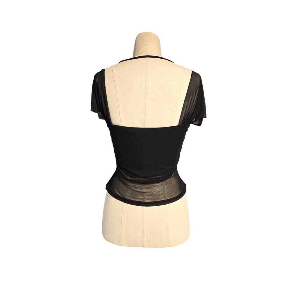 Tiger Mist Black Mesh Ruched Cap Sleeve Halter Square Neck Top Womens M Emo Goth - Picture 3 of 8